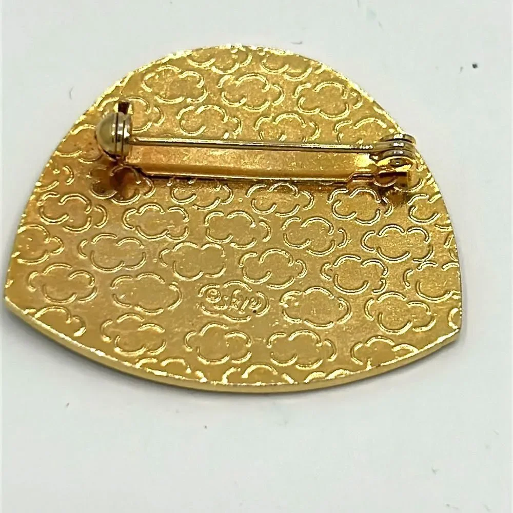 Vintage Signed Skye Black and Gold Tone Rose Enamel Brooch